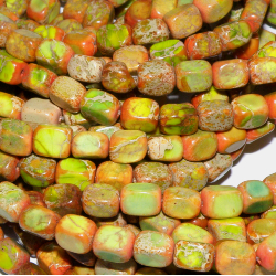 Hel sträng – Färgad impression jaspis lime/rost nugget 6×5 mm